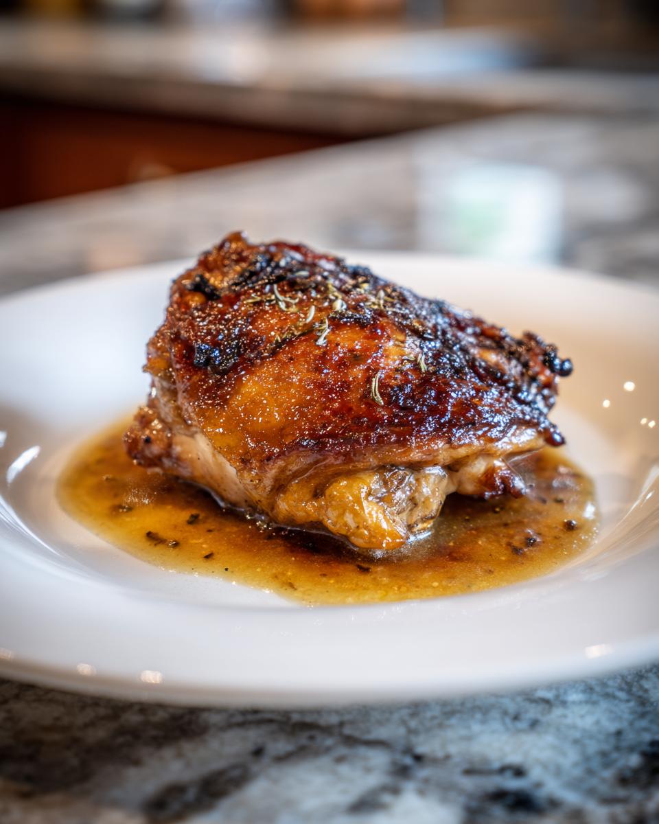 Close-up of a single, glistening braised chicken thigh with crispy, dark skin resting in a pool of savory pan sauce.