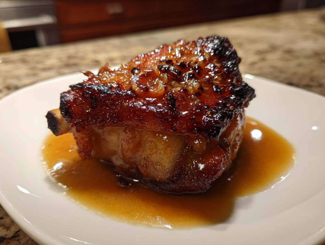 Close-up of a single, deeply caramelized braised chicken thigh, resting in a pool of rich brown sauce on a white plate.