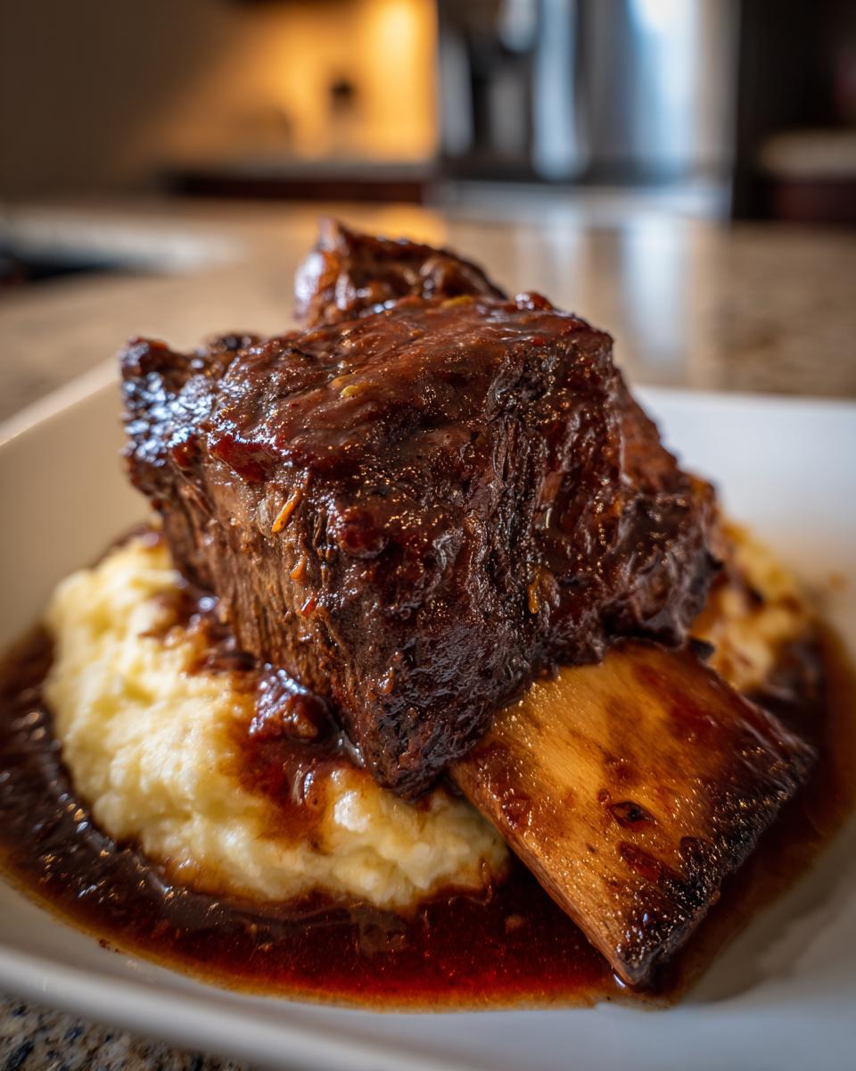 Close-up of a tender, glazed braised short ribs served over creamy mashed potatoes and rich sauce.