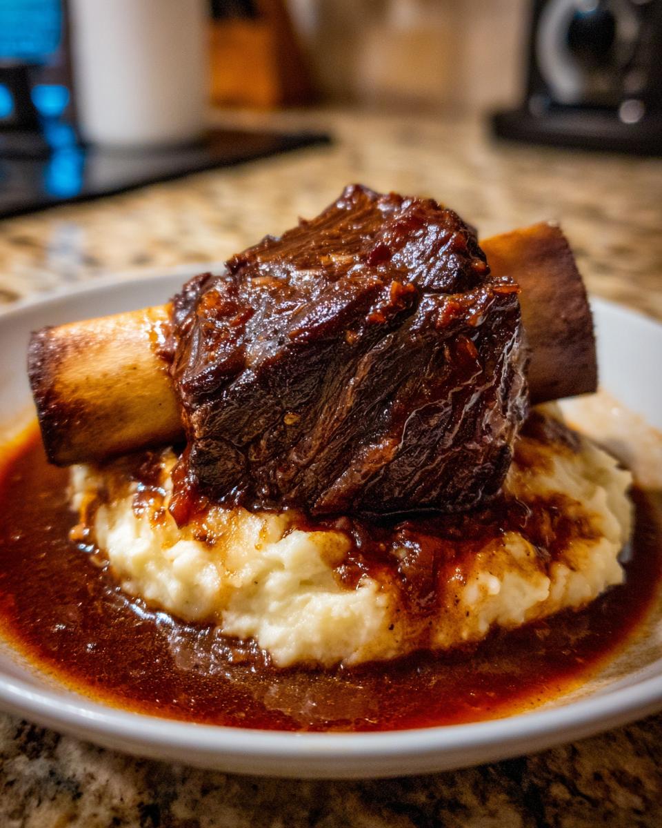 A close-up of a tender braised short ribs served over creamy mashed potatoes, swimming in rich brown sauce.