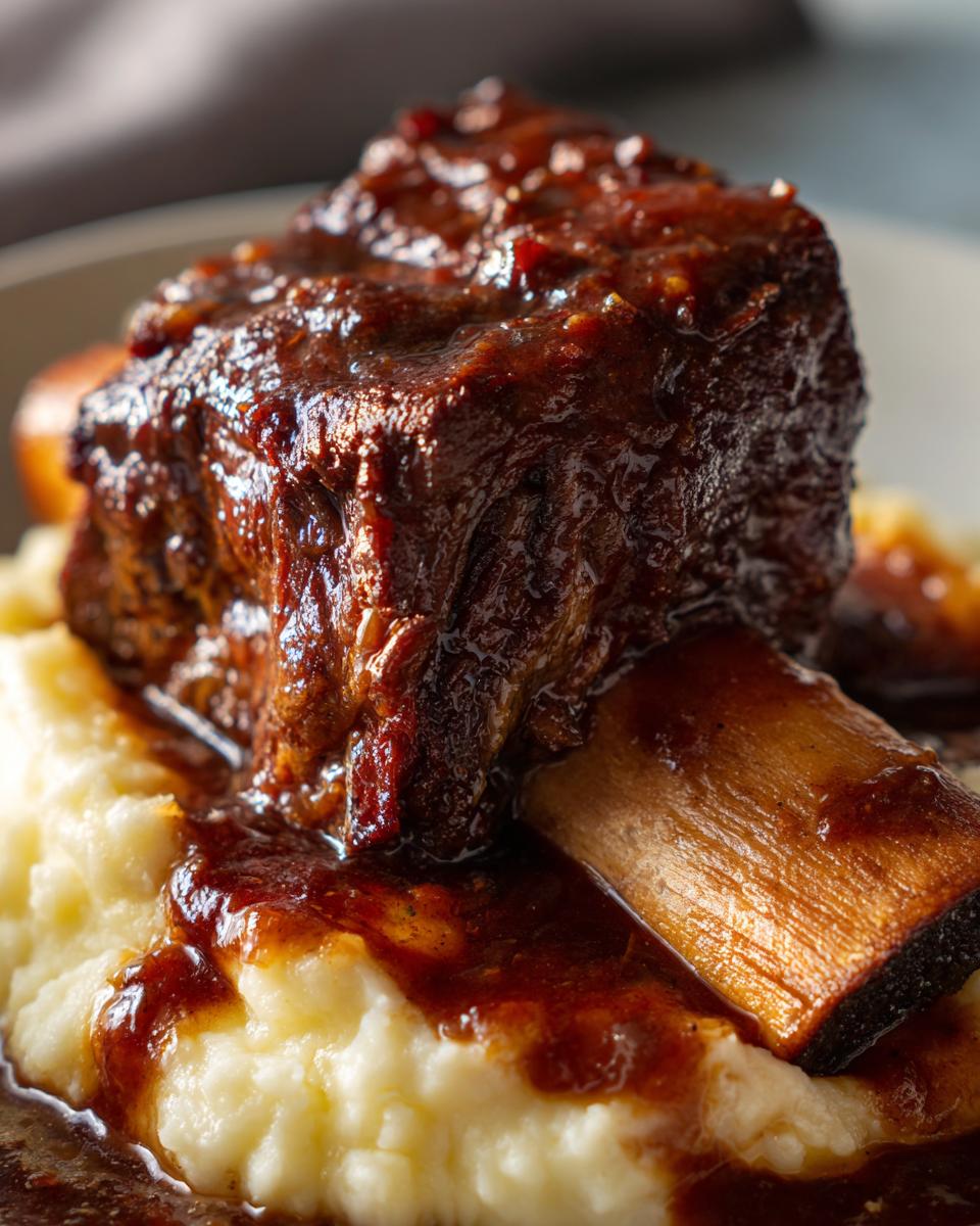 Close-up of a tender braised short ribs piece covered in rich sauce, served over creamy mashed potatoes.