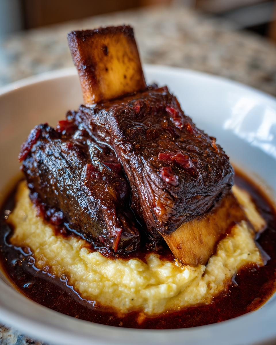 Two succulent braised short ribs coated in dark glaze, served over creamy polenta in a white bowl.