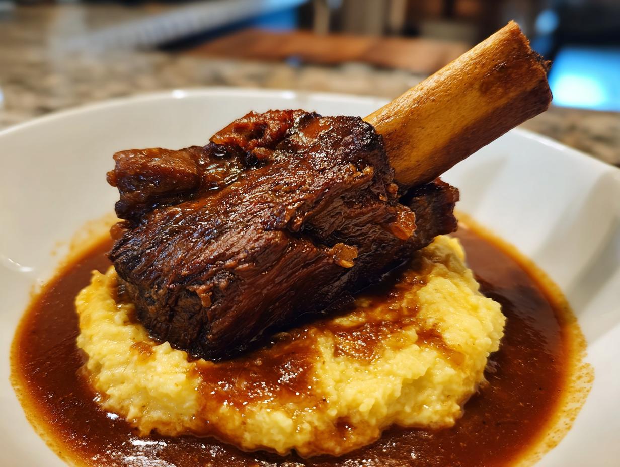 A close-up of tender braised short ribs served over creamy polenta with a rich, dark sauce.