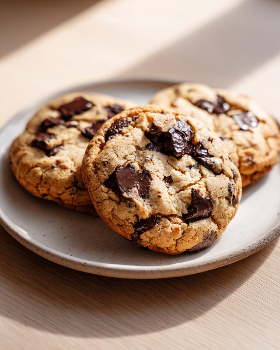 Three perfectly baked brown butter chocolate chip cookies piled on a speckled ceramic plate.