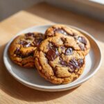 Three freshly baked brown butter chocolate chip cookies with melted chocolate chunks on a small white plate.