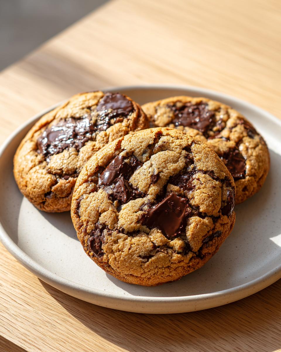 Three freshly baked brown butter chocolate chip cookies with melted chocolate chunks on a light ceramic plate.