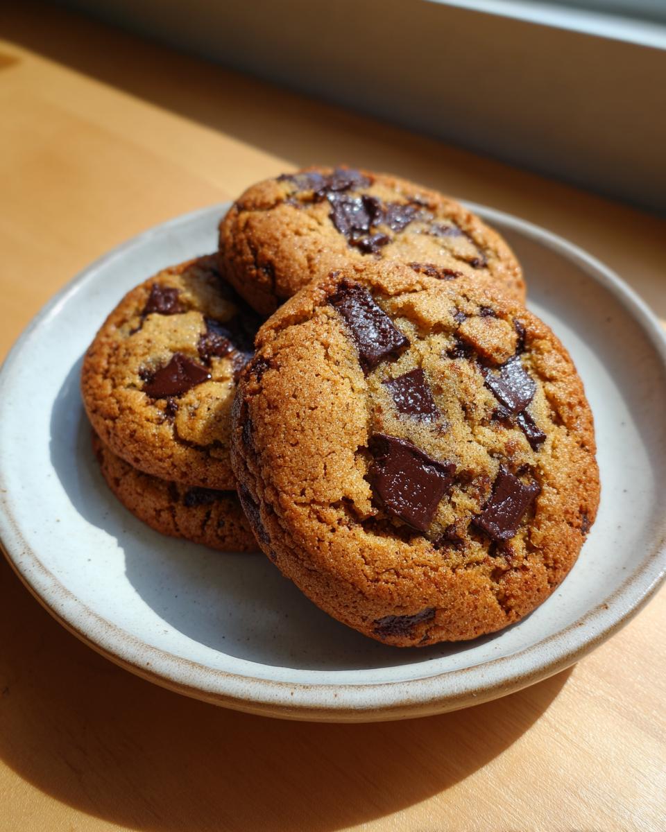 Three thick, golden brown butter chocolate chip cookies stacked slightly on a light ceramic plate.