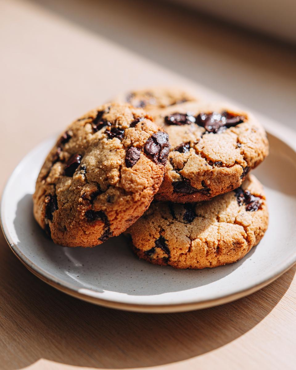 A close-up of three golden brown butter chocolate chip cookies stacked slightly on a speckled white plate.