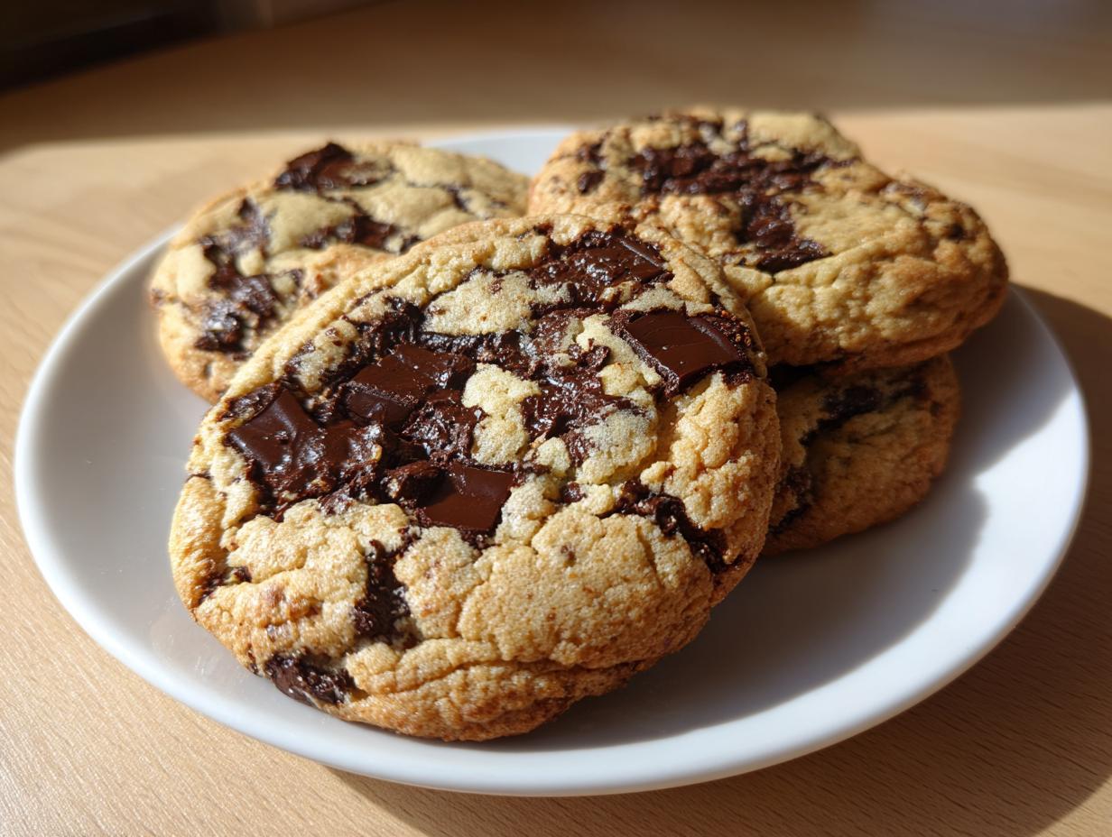 Four freshly baked brown butter chocolate chip cookies piled on a white plate with melted chocolate chunks.