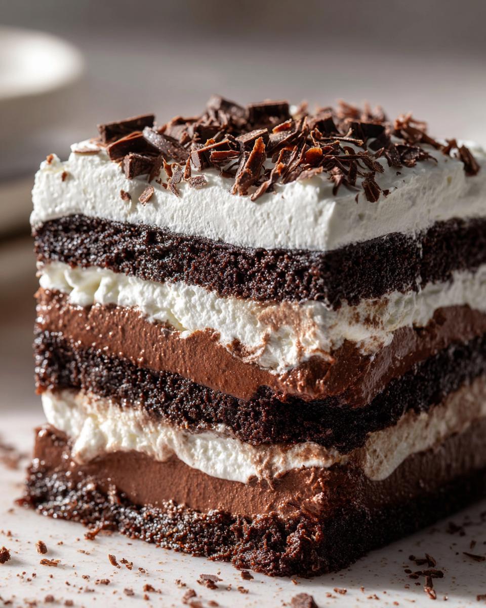 Close-up of a rich, layered brownie refrigerator cake showing dark cake, chocolate mousse, and whipped cream layers, topped with chocolate shavings.