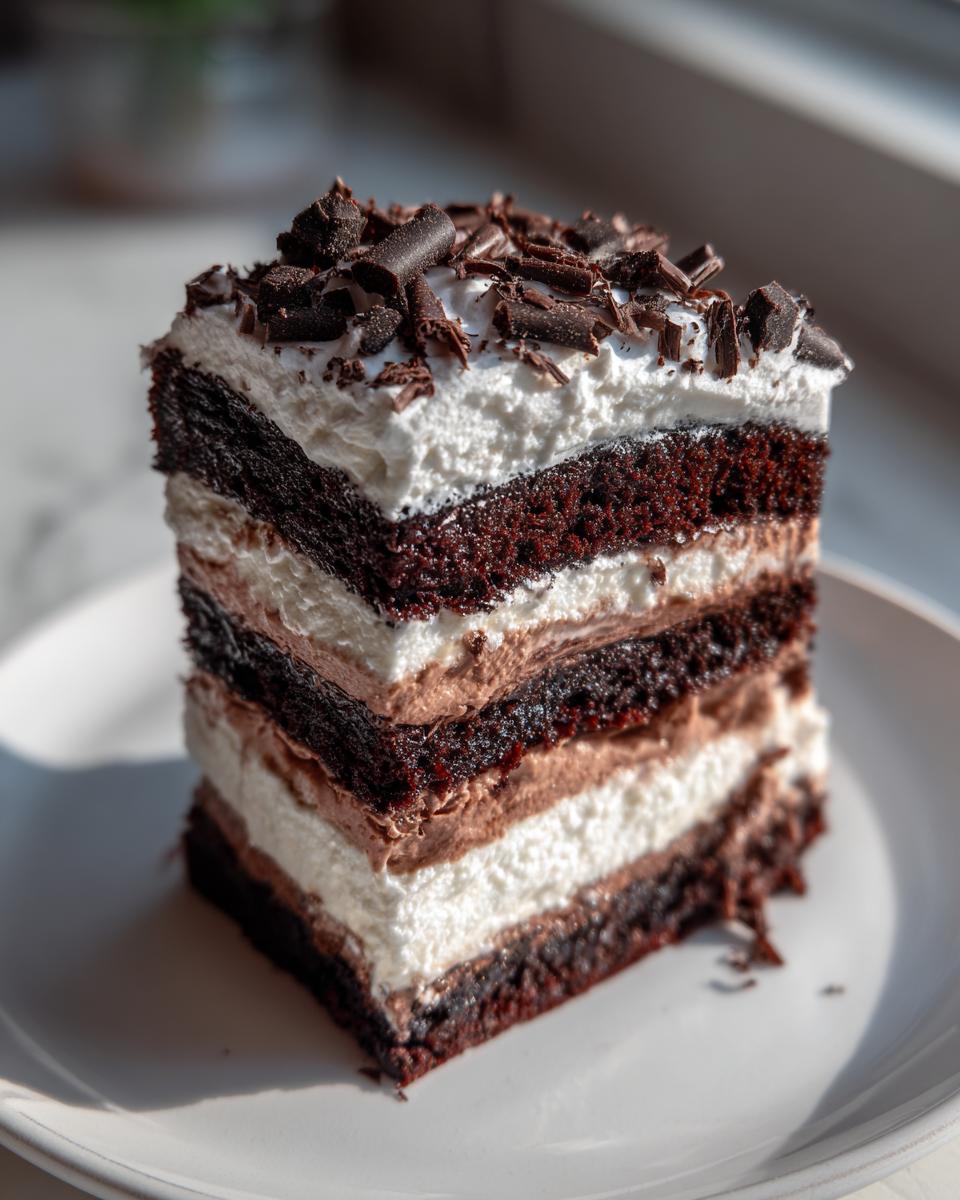 A tall, layered slice of brownie refrigerator cake featuring dark chocolate cake, white cream, and chocolate cream layers, topped with chocolate shavings.