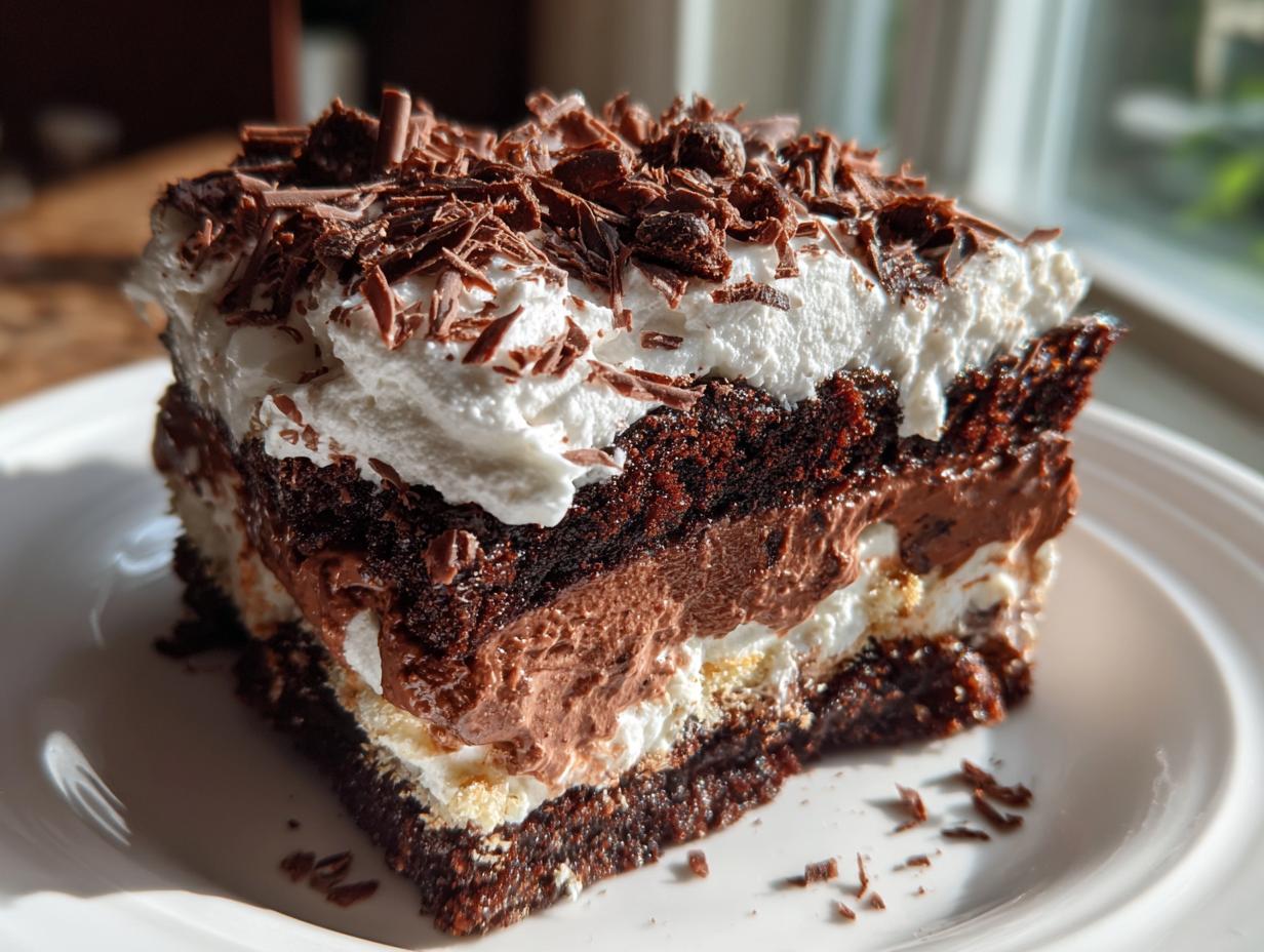 A decadent slice of brownie refrigerator cake showing three distinct layers: dark brownie, chocolate mousse, and whipped topping with chocolate shavings.