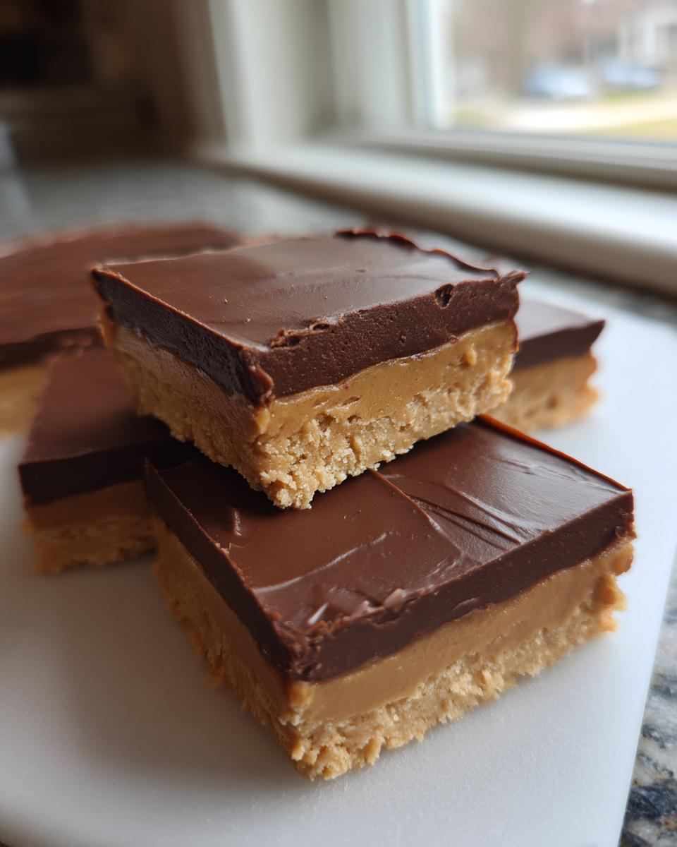 Close-up of several squares of rich buckeye fudge with a thick peanut butter layer and chocolate topping.