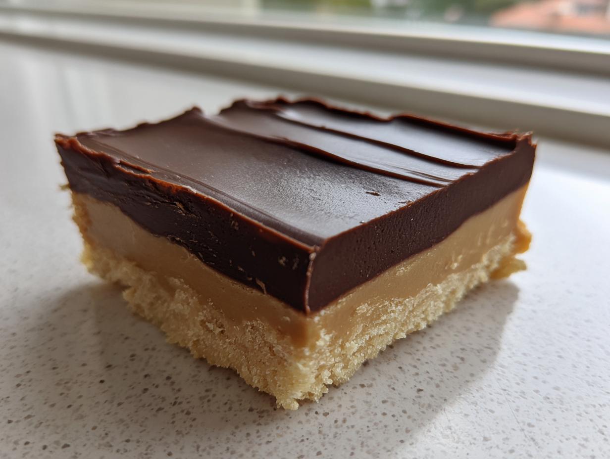 Close-up of a single square of buckeye fudge showing a shortbread base, peanut butter layer, and dark chocolate top.