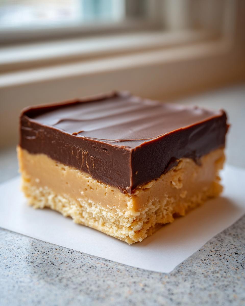 A close-up of a single square of buckeye fudge showing the shortbread base, peanut butter layer, and thick chocolate topping.