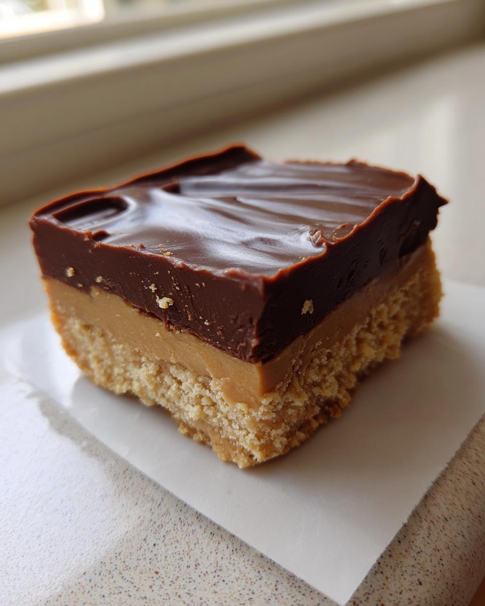 A close-up of a square slice of buckeye fudge with a crumbly peanut butter base, creamy middle layer, and rich chocolate topping.