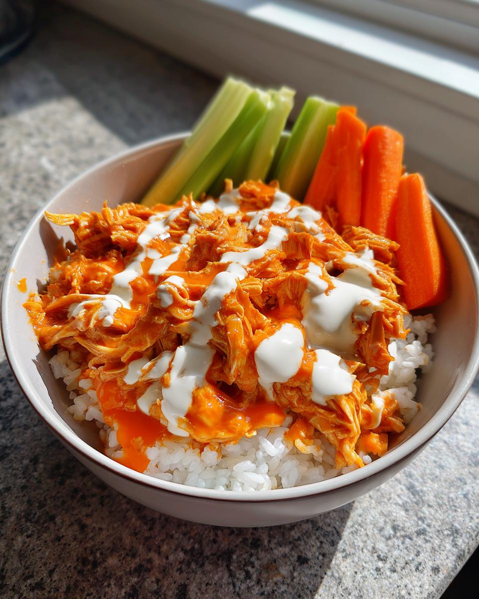A bowl of white rice topped with shredded buffalo chicken, drizzled with ranch, served with celery and carrot sticks.