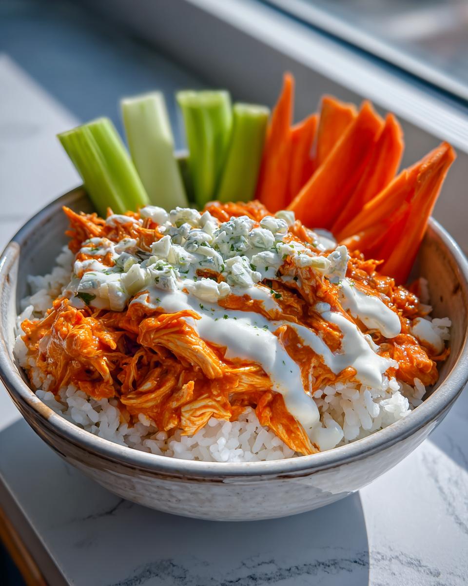 A close-up of a buffalo chicken rice bowl topped with ranch/blue cheese dressing, crumbles, celery, and carrot sticks.
