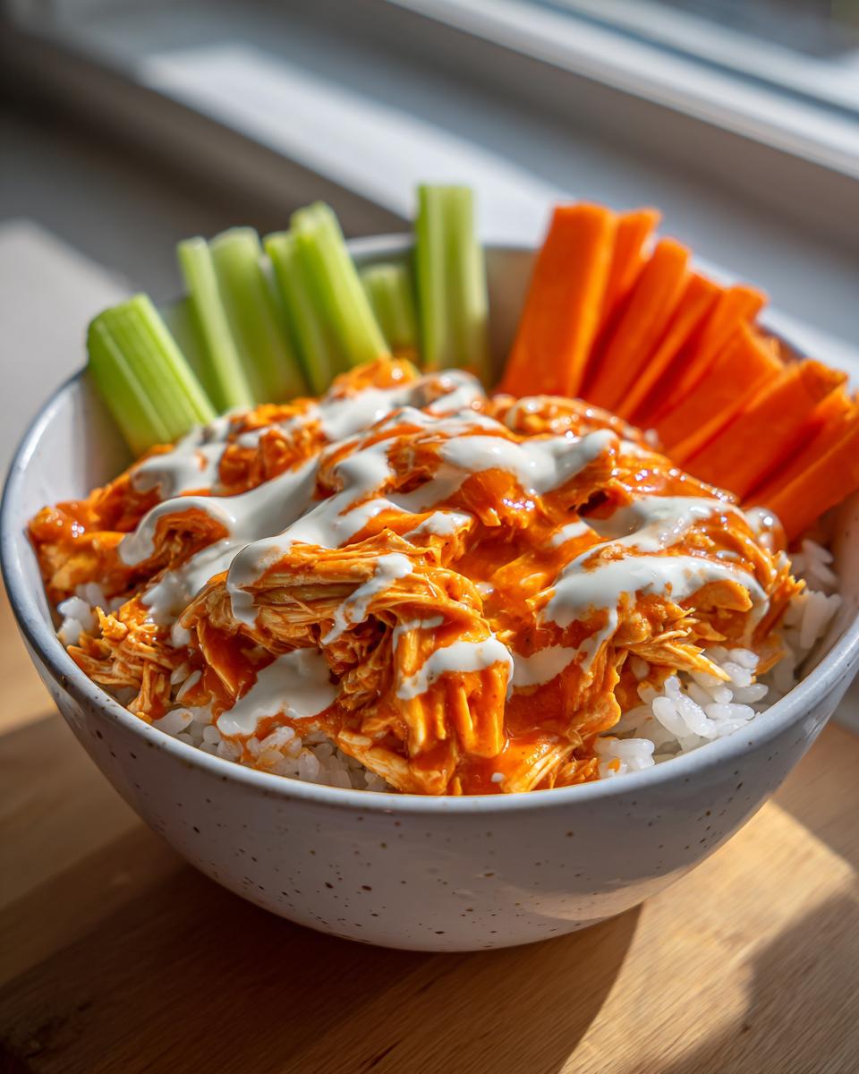 A close-up of a buffalo chicken rice bowl topped with ranch dressing, served with celery and carrot sticks.