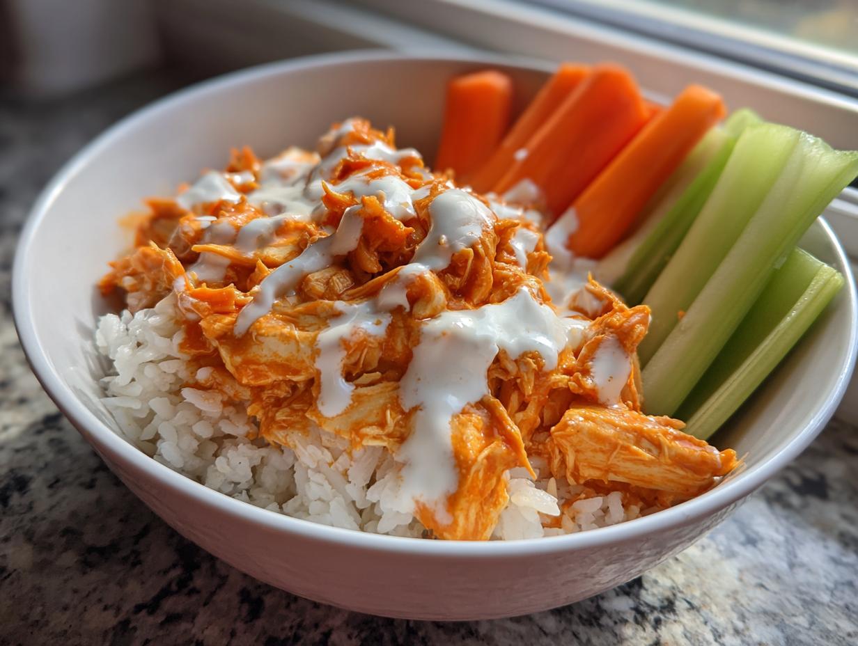 A white bowl filled with white rice topped with shredded buffalo chicken and drizzled with ranch, served with celery and carrot sticks.
