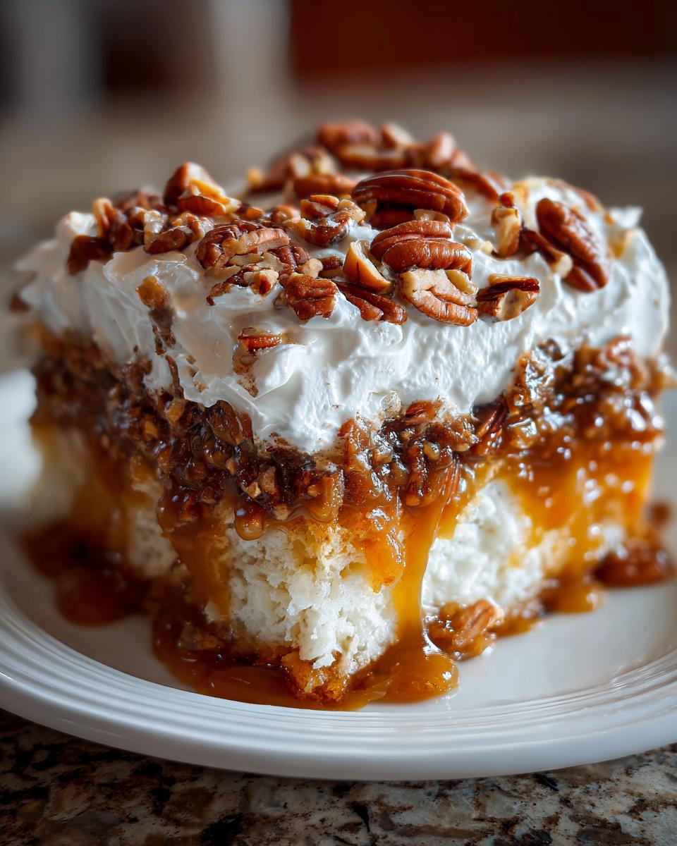 Close-up of a serving of butter pecan praline poke cake topped with whipped cream and pecans, dripping with caramel sauce.