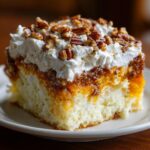 Close-up of a moist slice of butter pecan praline poke cake topped with whipped cream and chopped pecans.