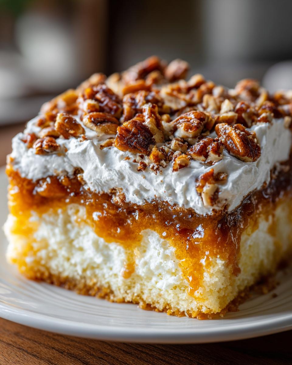 Close-up of a moist slice of butter pecan praline poke cake topped with whipped cream and candied pecans.