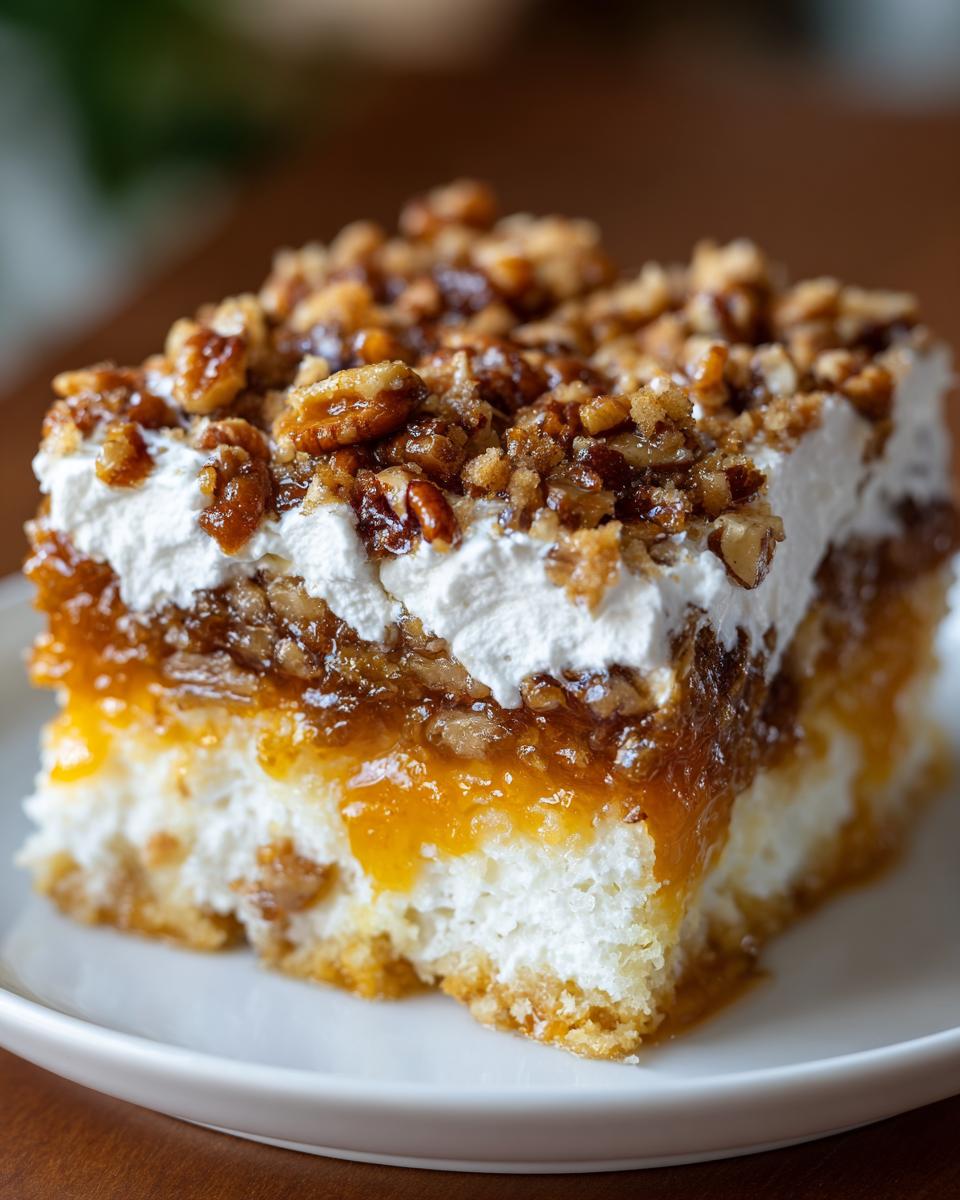 Close-up of a layered slice of butter pecan praline poke cake topped with whipped cream and candied pecans.