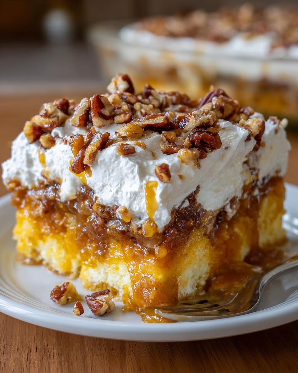 A decadent slice of butter pecan praline poke cake topped with whipped cream and candied pecans.