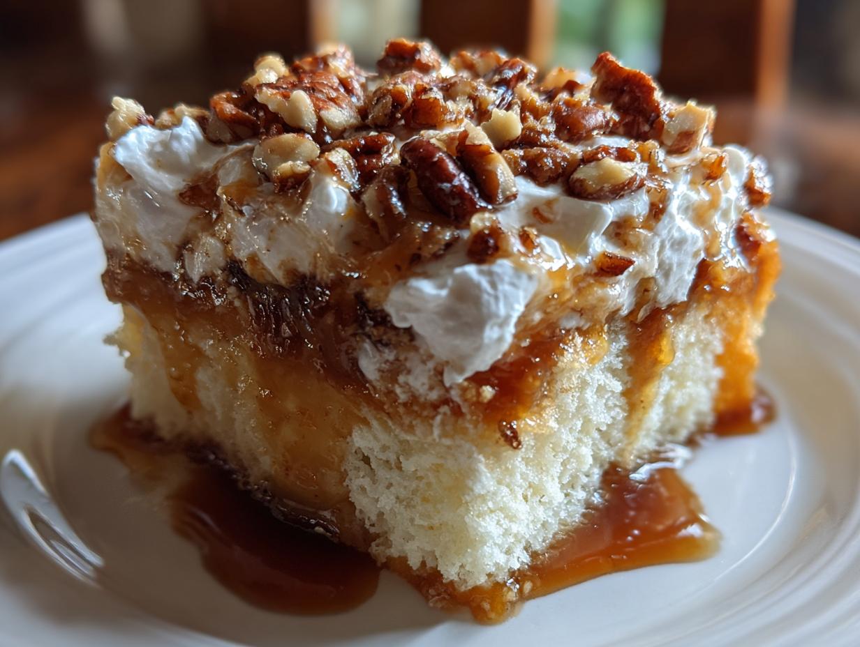 Close-up of a decadent slice of butter pecan praline poke cake topped with whipped cream and candied pecans.