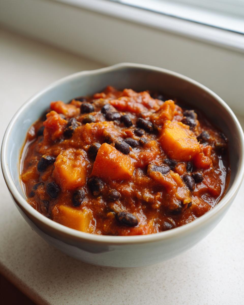Close-up of a bowl filled with rich, orange butternut squash chili and black beans.