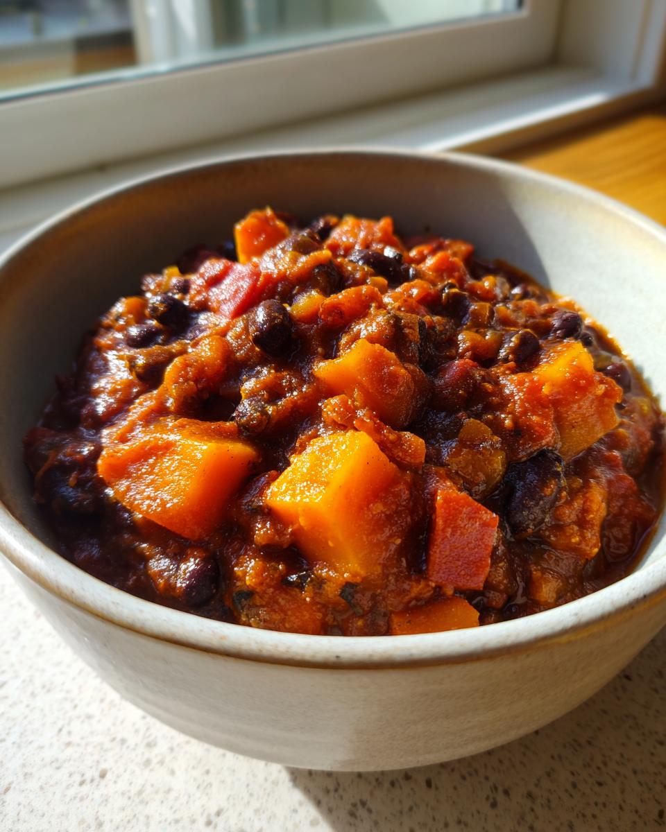 Close-up of a bowl filled with rich, orange butternut squash chili and black beans.