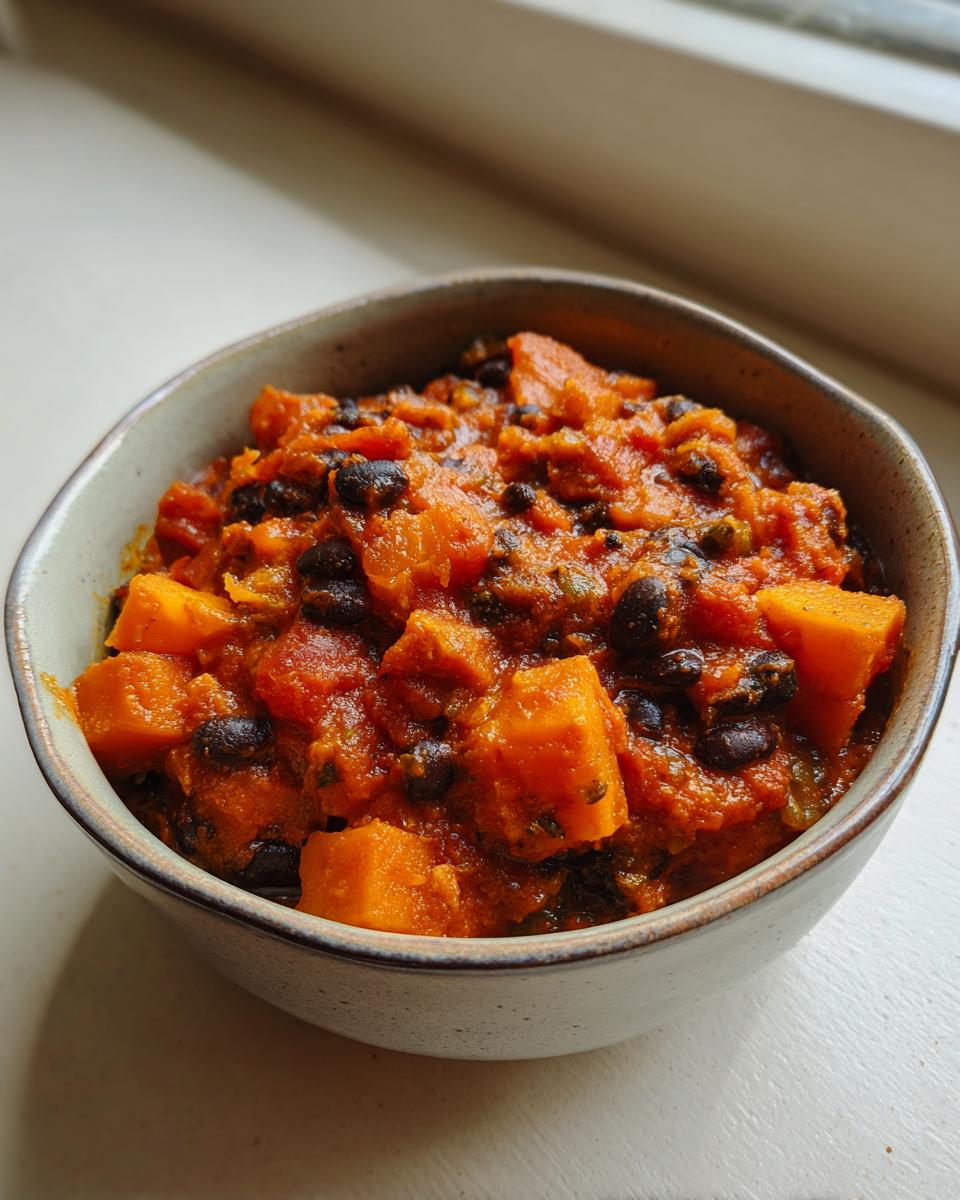 Close-up of a bowl filled with hearty butternut squash chili featuring chunks of orange squash and black beans in a rich tomato base.