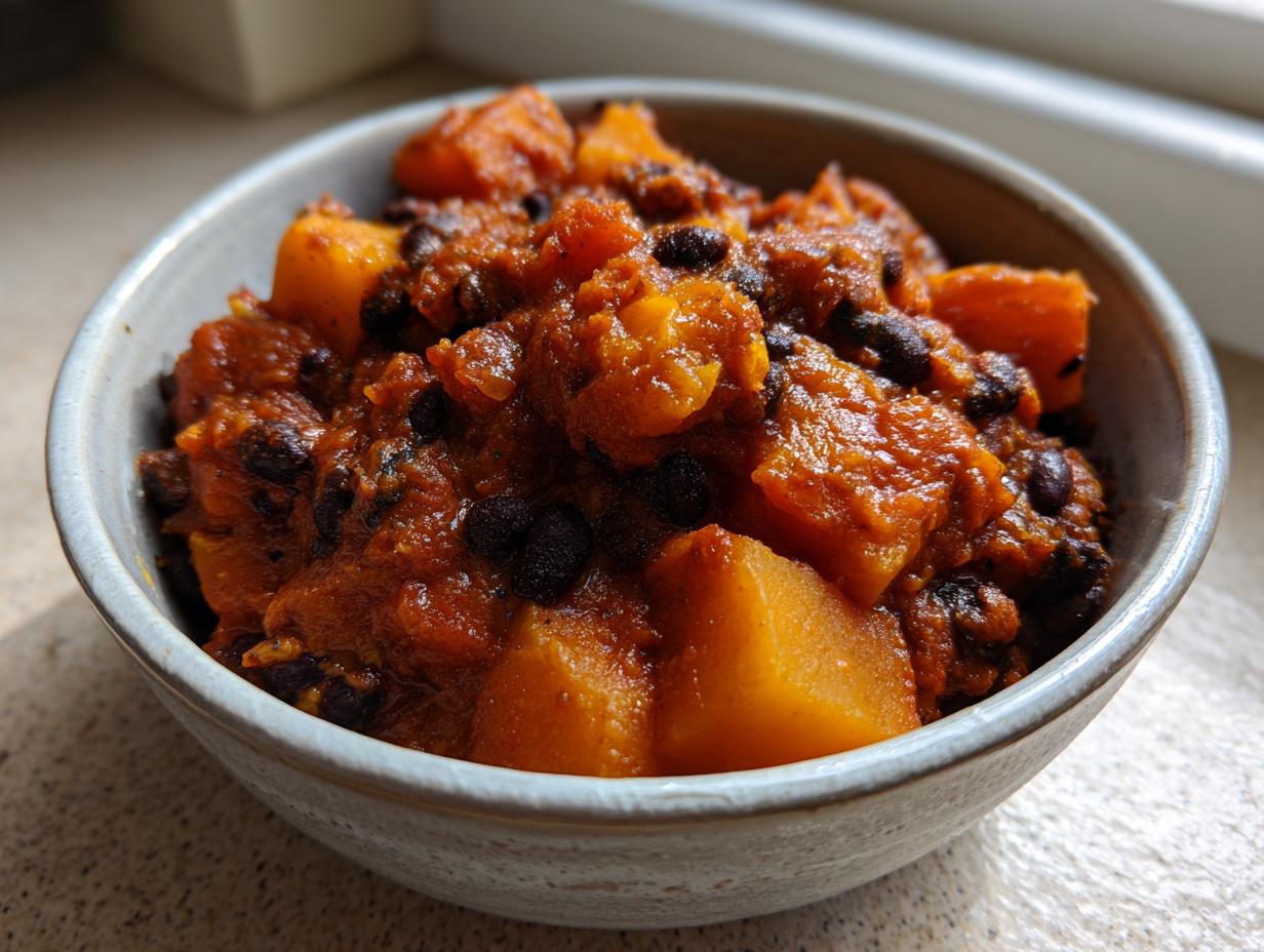 Close-up of a rustic bowl filled with rich, orange butternut squash chili and black beans.