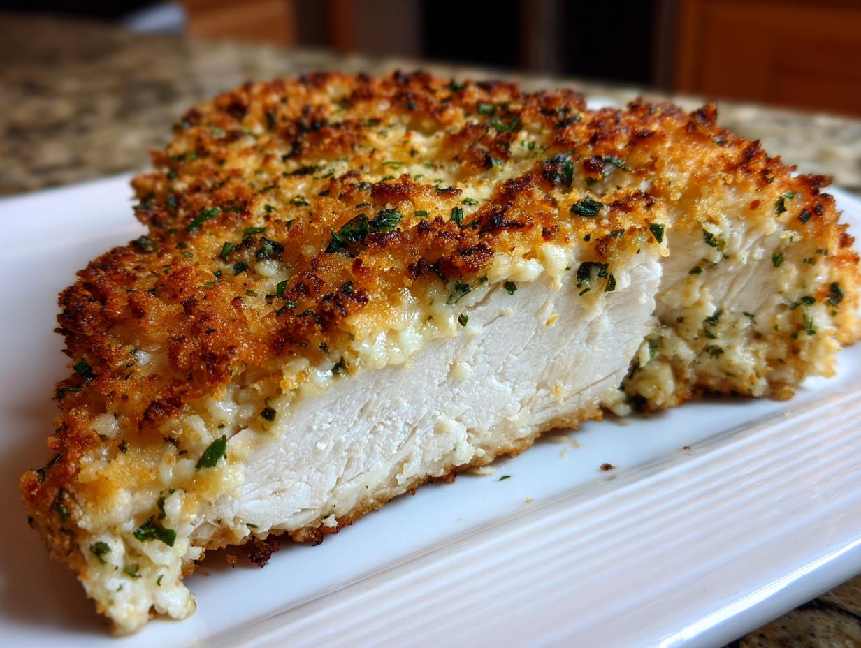 Cross-section of a baked caesar chicken breast showing moist white meat and a golden, herbed parmesan crust.