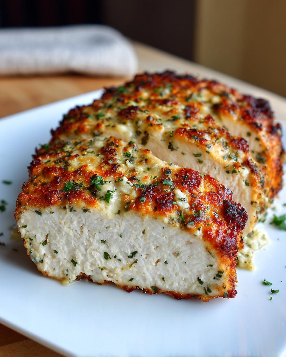 Close-up of sliced caesar chicken breast with a golden, cheesy, and herbed topping.