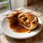 A warm, flaky apple dumpling cut in half, revealing spiced apple filling and drizzled with caramel sauce.