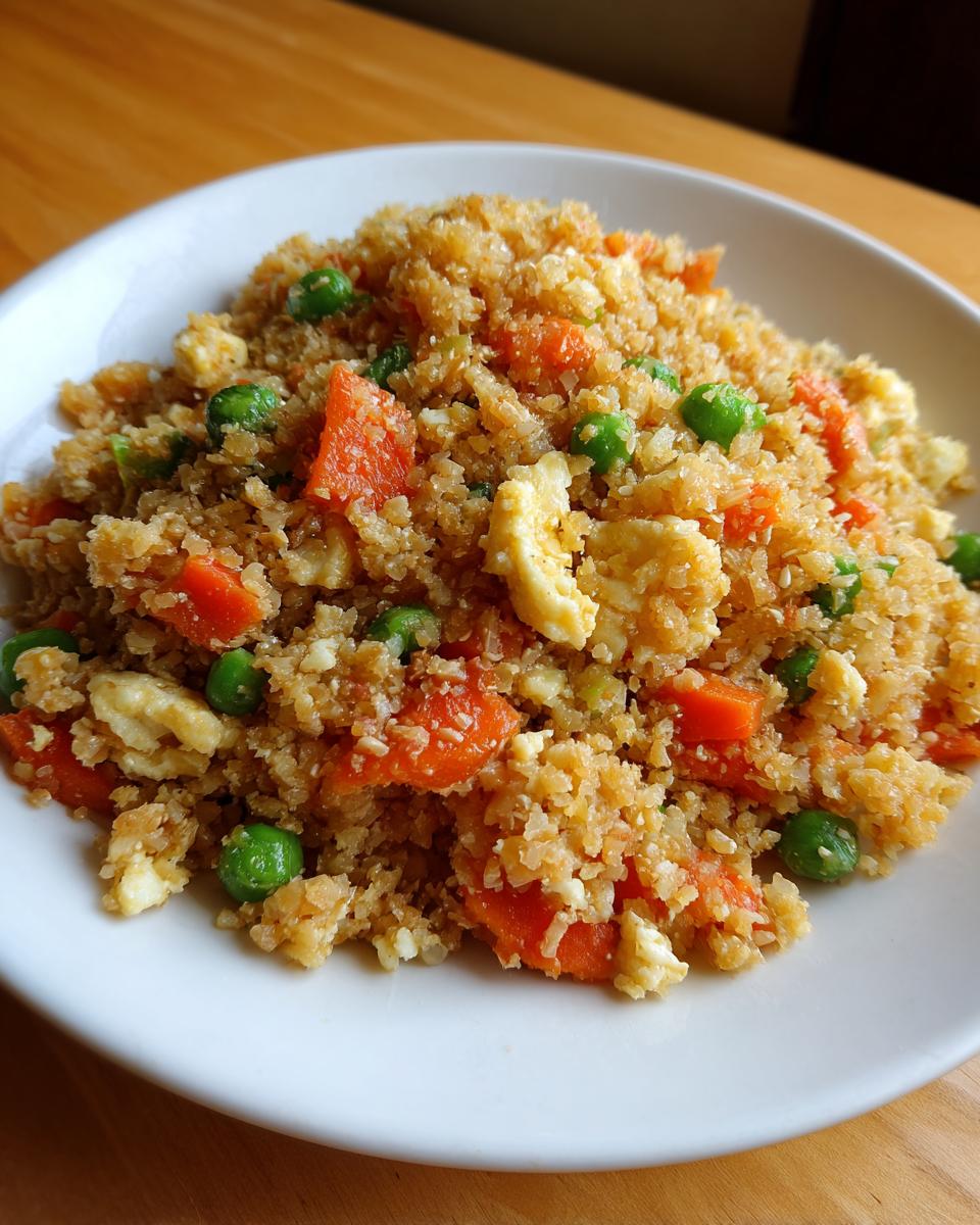 A close-up of a white plate filled with healthy cauliflower fried rice mixed with bright orange carrots and green peas.