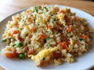 A close-up serving of colorful cauliflower fried rice mixed with scrambled egg, peas, carrots, and green onions.