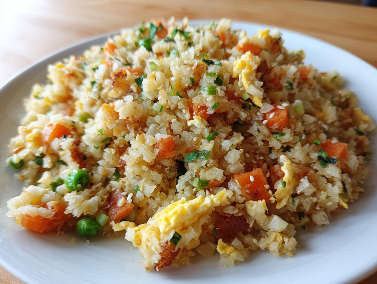 A close-up serving of colorful cauliflower fried rice mixed with scrambled egg, peas, carrots, and green onions.