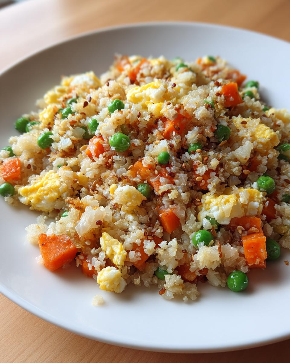 A close-up of a white plate filled with colorful cauliflower fried rice, featuring scrambled egg, bright orange carrots, and green peas.