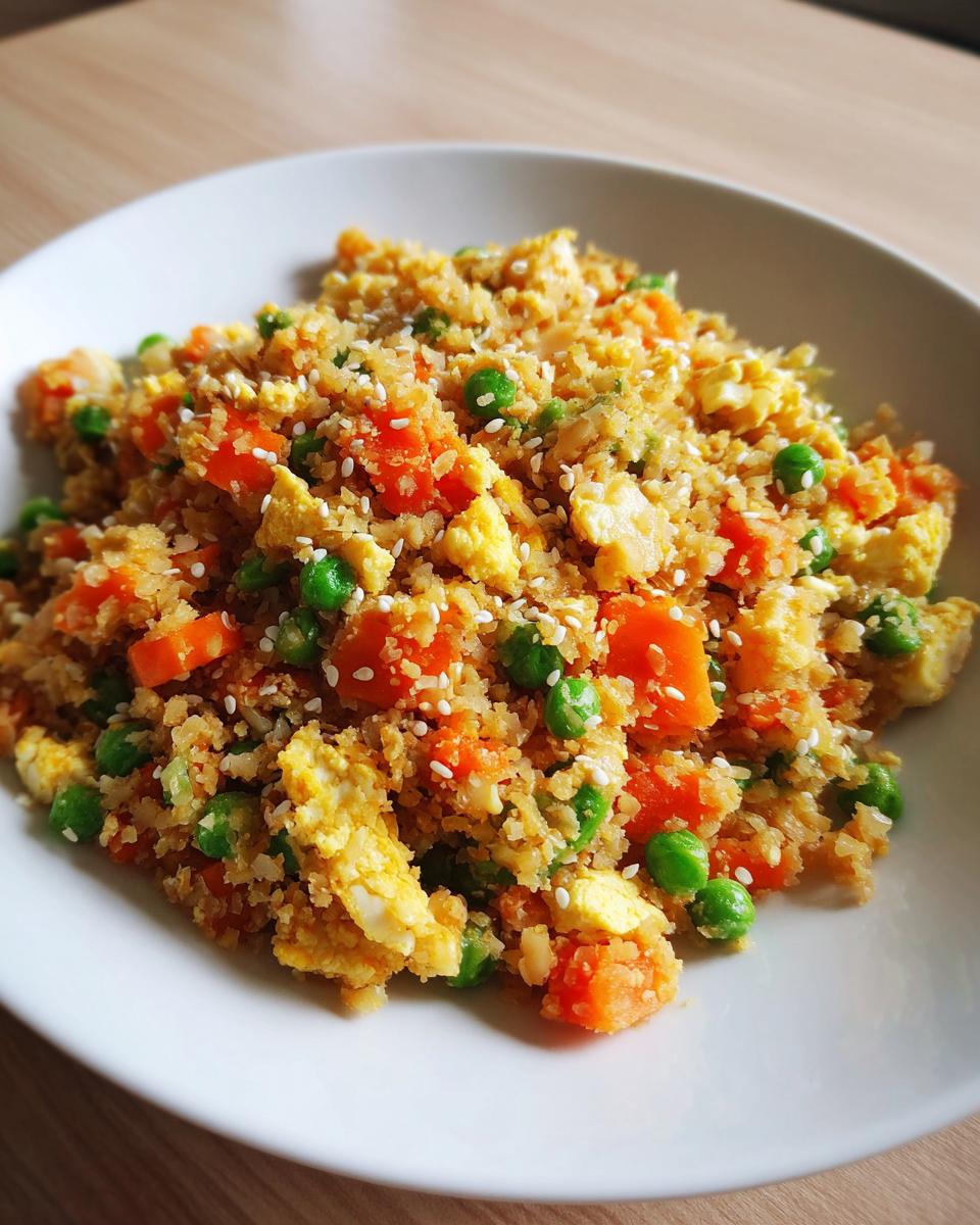 Close-up of a white bowl filled with healthy cauliflower fried rice, mixed with bright green peas, diced carrots, scrambled egg, and topped with sesame seeds.