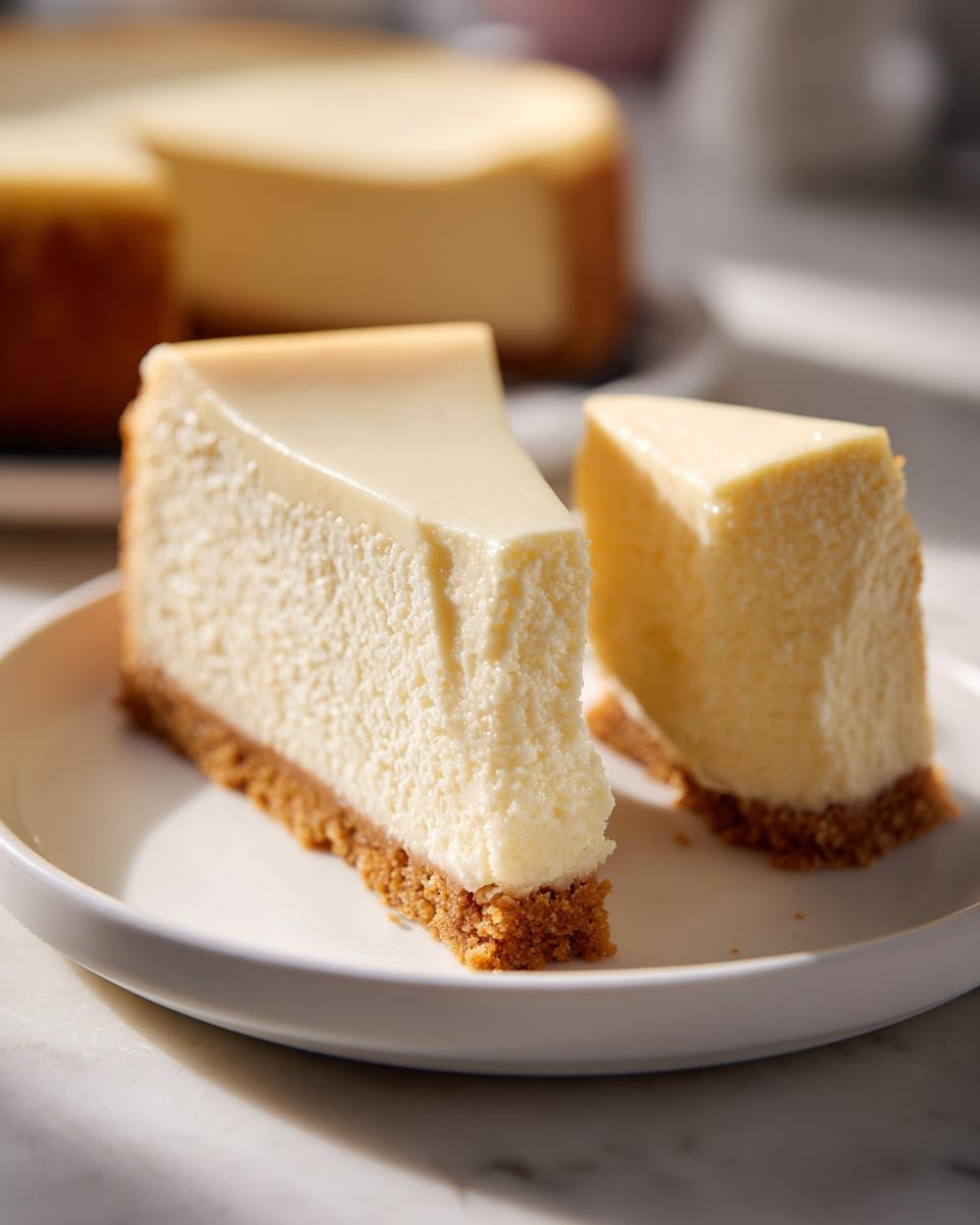 Two slices of creamy, classic cheesecake with a graham cracker crust on a white plate, showcasing the amazing cheesecake recipe.