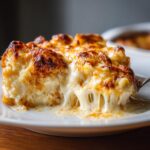 A serving of cheesy baked mashed potatoes being lifted by a fork, showing dramatic cheese pulls.