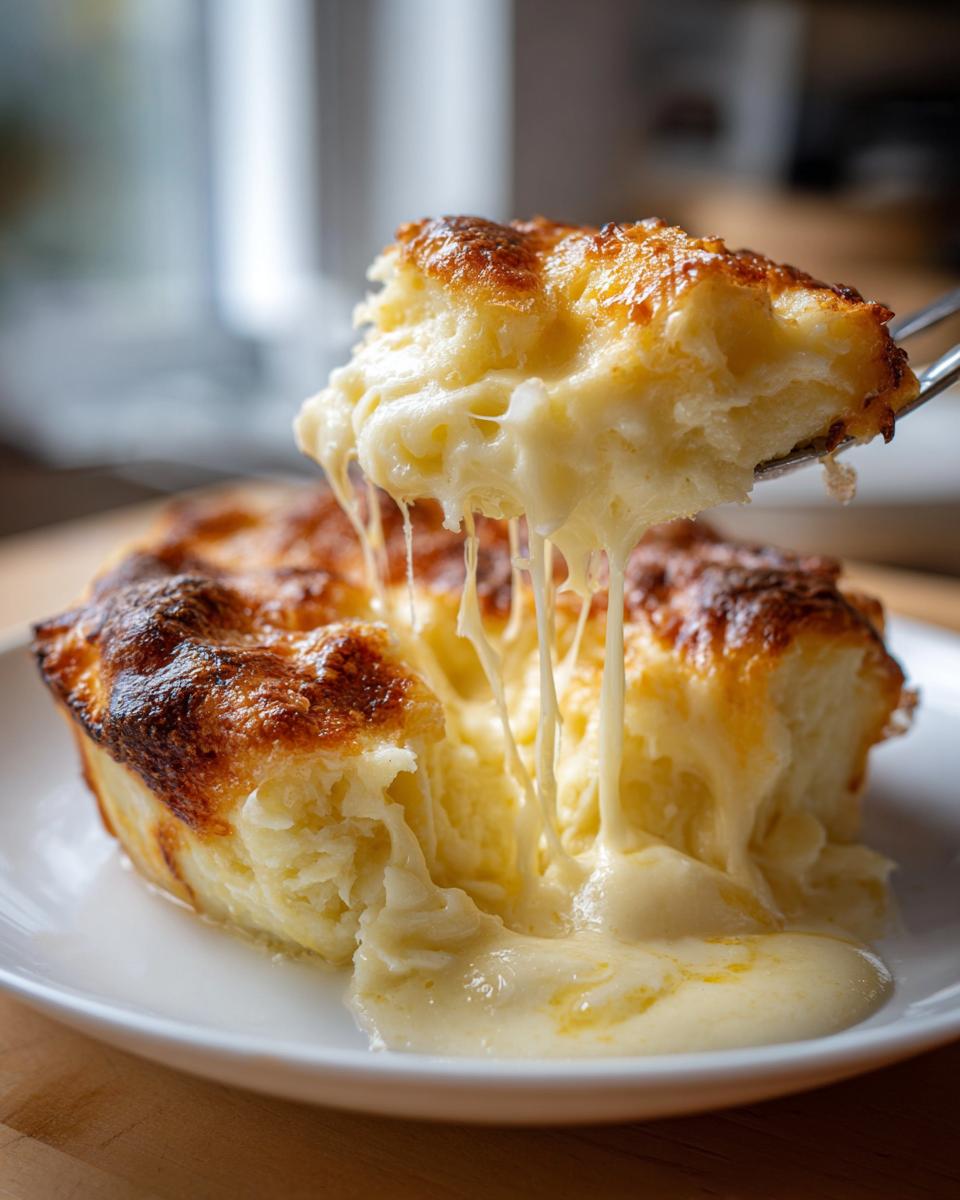 A serving of cheesy baked mashed potatoes being lifted, showing long, gooey cheese strings stretching from the dish.