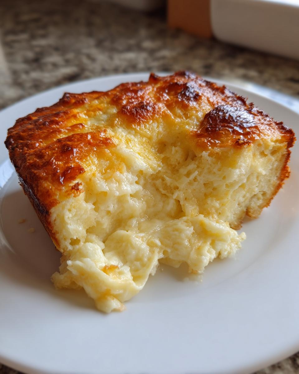 A square portion of cheesy baked mashed potatoes with a golden-brown crust, showing a creamy interior.
