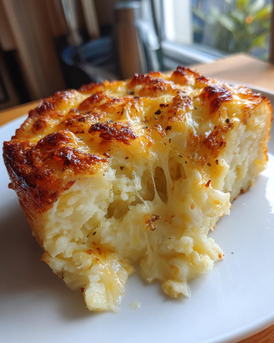 A close-up of a cheesy, golden-brown slice of baked mashed potatoes showing a cheese pull.