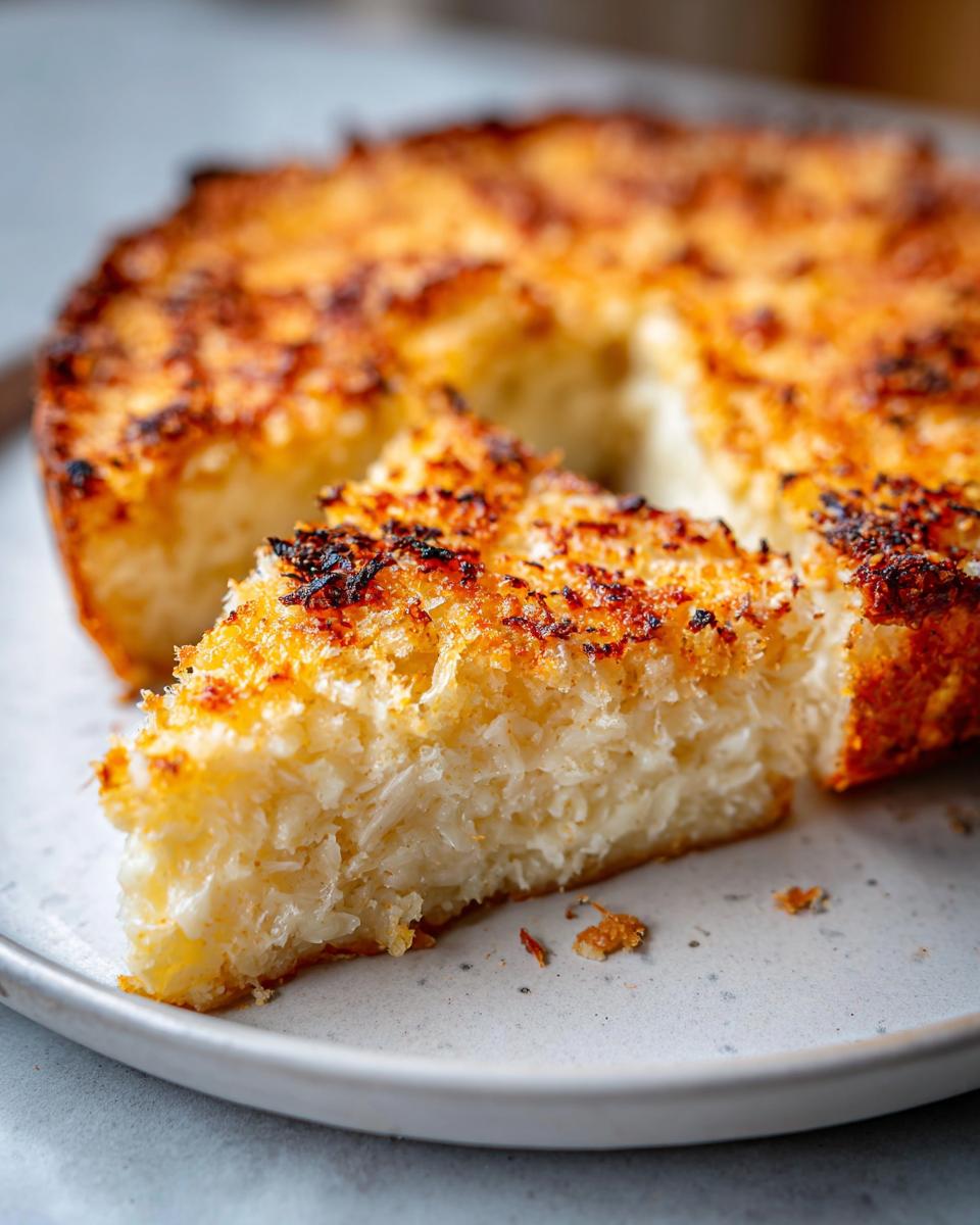 Close-up of a slice of cheesy, baked side dish with a golden-brown crust, served alongside a main caesar chicken dish.