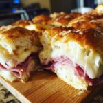Close-up of cheesy grinder sliders cut in half, showing melted cheese pulling away from layers of ham.