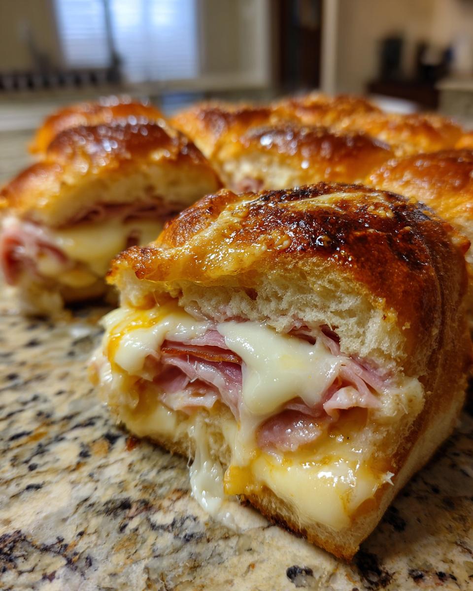 Close-up of a cheesy ham grinder slider cut in half, showing melted cheese dripping out.